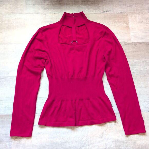 BCBG MaxAzria Sweater Slik Blend Red Cutout Front With Ring High Neck M - Picture 1 of 11
